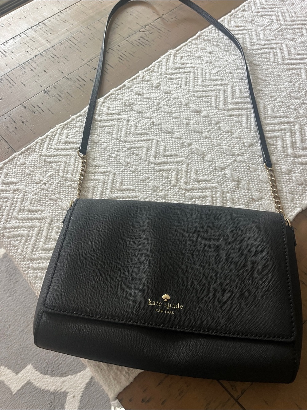 kate spade Saffiano Black Leather Crossbody with Gold Chain Strap Accent - Picture 5 of 8